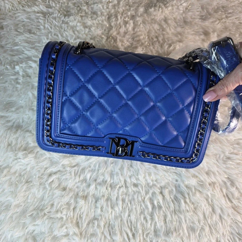 Badgley Mischka Blue Quilted Crossbody Bag BM-4152‎ Chain Trim NWT